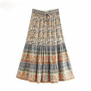 Jupes Vintage Chic Hippie femmes Floral paon imprimé haute taille élastique plage bohème jupe dames Midi a-ligne Boho