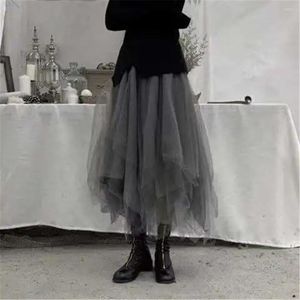 Faldas Falda plisada irregular larga de tul gris Vintage Falda elástica negra de cintura alta A-Line Mesh Korean Chic Gothic Punk Streetwear