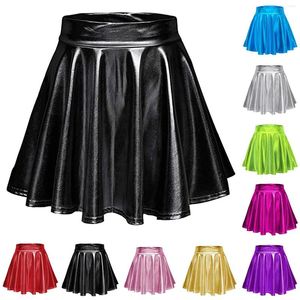 Faldas Mujer Moda Casual Acampanado Plisado A-Line Circle Skater Falda Disco Wet Look Short Mini Shiny Metallic # 58