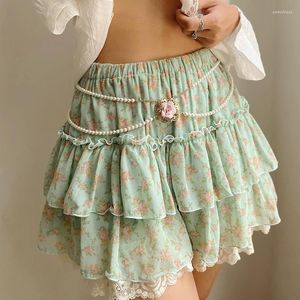 Faldas Mujer Mini Estampado floral Encaje Patchwork Elástico Cintura Volantes Dobladillo escalonado Corto Verano Casual A-line Pastel