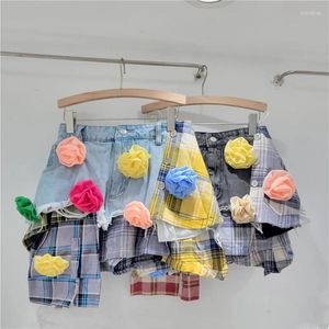 Jupes Femmes 3D Fleurs à plaids bleus et jaunes Shorts en jean épissé High Waited A-Line Patchwork Irrégulet Calculed Floral Jeans Jupe