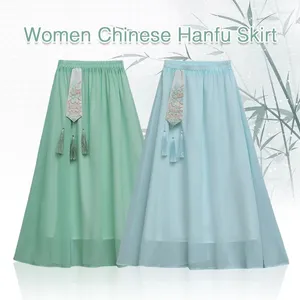 Faldas Mujer estilo chino antiguo Hanfu falda Retro bordado nacional borla cintura elástica JK Cosplay gasa