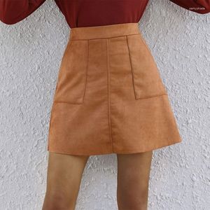 Jupes femmes taille haute a-ligne Slim Fit Mini jupe crayon Simple uni couleur unie décontracté ourlet évasé bureau avec poche