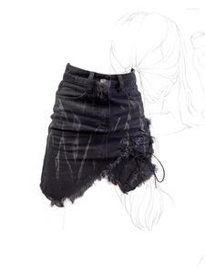 Faldas de Jean para mujer, pantalones cortos azules Vintage Y2k con cordones irregulares, minifalda vaquera coreana para chicas Harajuku, moda de verano 2023