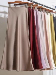 Faldas Falda larga para mujer 2024 Moda Satén Oficina Dama Cintura elástica Sólido Champán Púrpura Rojo Seda A-LINE para mujer