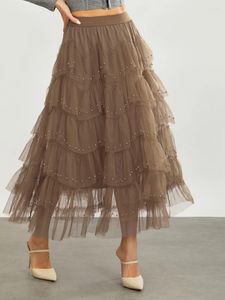 Jupes femmes maille midi perlée élastique taille haute printemps été lâche décontracté tulle tutu