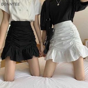 Faldas Mujeres Sólido A-Line Verano Mini Dobladillo Volantes Nuevo Ulzzang Chic Ruched All-Match Cintura Alta Venta Caliente Chicas Encantadoras Elegante Y0824