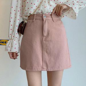 Faldas de mujer de mezclilla sólida Mini falda de cintura alta elástica Línea A Simple de moda de verano Ulzzang estudiantes lindo rosa ocio