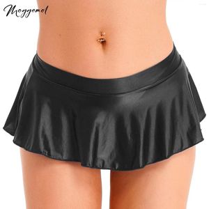 Joupes pour femmes en nylon brillant basse hauteur à volant plissée sexy jupe couleur solide micro-miniskir lingerie beachwear nightwear