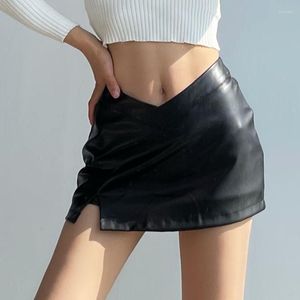 Jupes Y2K noir doux extensible en cuir PU Mini femmes été 2023 Vintage femmes fente taille basse Sexy fille jupe