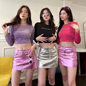 Jupes Y2k Rose Métallisé Mode Filles Jupe Courte Poche Factice Slim Fit Brillant Taille Haute Coréen Demi-Jupe Femmes Vêtements