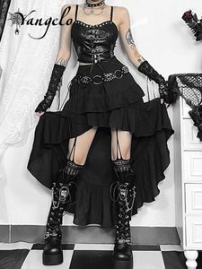 Faldas Yangelo Estética Fairycore Ruffle Y2K Sexy High Low Black Skirt Harajuku Gothic Vintage Vintage Long Streetwear