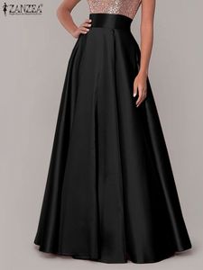 Faldas ZANZEA mujeres bohemias satén seda largo algodón sólido elegante suelto vestido de mujer cintura elástica de gran tamaño vestidos casuales 230110
