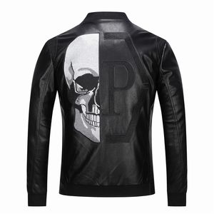 Crâne strass PU vestes hommes noir High Street col montant fermeture éclair manches côtelées Streetwear moto Faux cuir manteaux 220115