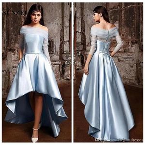 Azul cielo Una línea Alto Bajo Vestidos de baile Barato Hi-Lo Corto Tul transparente Formal Ocasiones especiales Vestidos de fiesta Vestidos De Soiree Vestidos de noche