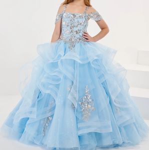 Sky Blue Girl Pageant Dress 2024 Lace Applique Champagne Ruffle Tulle Little Kid Birthday Formal Cocktail Party Gown Infant Toddler Teen Tiny Junior Miss Mini Quince