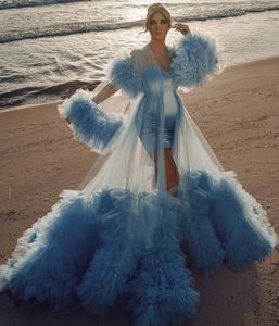 Robe de mariée de plage en satin bleu ciel à manches longues, grande taille, séance photo colorée, jupes enceintes, robe de mariée transparente, train de balayage, style arabe du Moyen-Orient