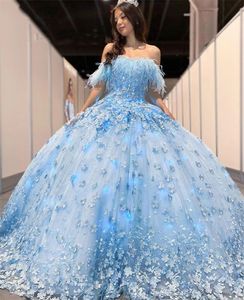 Bleu ciel sur les plumes épaule quinceanera robes de fête de célébrité percus d fleurs de graduation