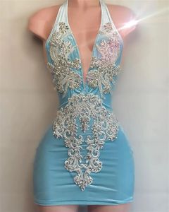 Robe De bal bleu ciel, fourreau, robe De soirée pour filles noires, col licou, Mini queue, robes africaines De Noche, 2023, 322