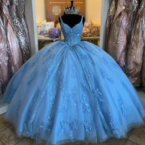 Bleu ciel robes de Quinceanera Sexy col en v 3D fleur 15e robe de soirée perles corset à lacets Vestidos De Debutante robes d'anniversaire