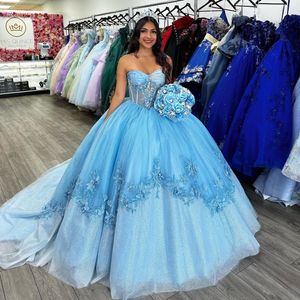 Sky Blue Shiny Princess Quinceanera Dresses Ball Gown 2024 Appliques Crystal Sweet 16 Dress Vestidos De 15 Anos Prom