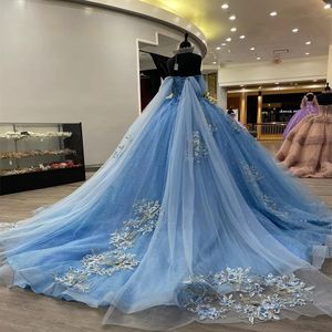 Bleu ciel brillant princesse douce 16 robes de Quinceanera 3DFlower appliques perles cristaux avec cape robe de bal robe de 15 ans à lacets