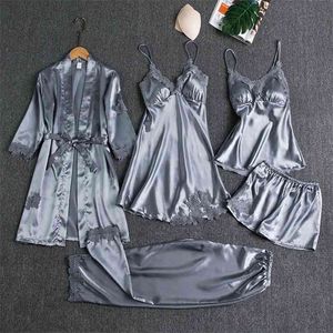 Sleepwear Female 5PCS Pajamas Set Satin Pyjamamas Lace Patchwork Bridal Wedding Nightwear Rayon Home Wear Nighty&Robe Suit 210830