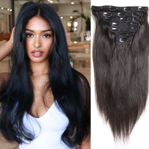 Slik Clip Droit dans les Extensions de Cheveux Humains Naturel Noir Vierge Brésilienne Clip ins Extension 120g 18 pouces