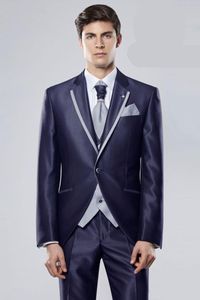 Slim Fit One Button Shiny Navy Blue Wedding Groom Tuxedos Peak Lapel Groomsmen Hommes Costumes Prom Blazer (Veste + Pantalon + Gilet + Cravate) NO: 1980