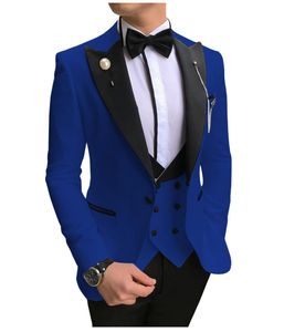 Slim Fit Royal Blue Groom Tuxedos Peak Lapel Padrinos de boda para hombre Vestido de novia Estilo Hombre Chaqueta Blazer Traje de 3 piezas (Chaqueta + Pantalones + Chaleco + Corbata) 856