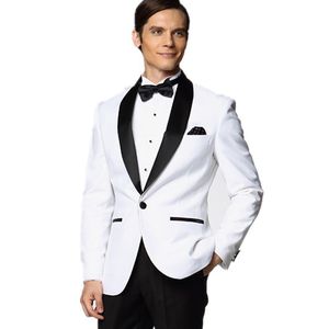 Slim Fits White With Black Satin Revers Groom Tuxedos Handsome Men Evening Dress Toast Suit (Veste + Pantalon + Noeud Papillon + Ceinture) OK: 988