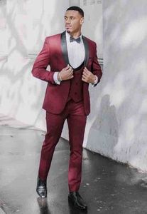 Slim Fit Vino Rojo Hombres Trabajo Trajes de negocios Tres piezas Hombre Vestidos de fiesta de graduación Novio Esmoquin (chaqueta + pantalones + chaleco + corbata) W1140