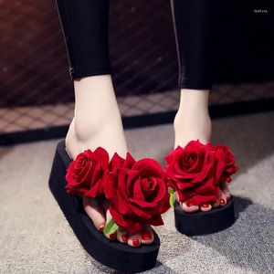 Slippers 5cm High Heel's Femand Beach Shoes Vacation Flats Flip Flip-Flop Sandales Fashion Summer Flower Outter Wear Flowers