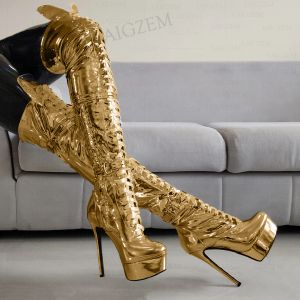 Slippers Laigzem Femmes Over Knee Boots Side Zip Up Up Thin High Heels Boots Plateforme Party Ladies Club Chaussures Femme Plus taille 41 43 46 50 52