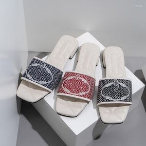 Zapatillas de diseñador de lujo con letras bordadas de tacón grueso para mujer, sandalias para uso exterior, zapatos femeninos cien con bajos