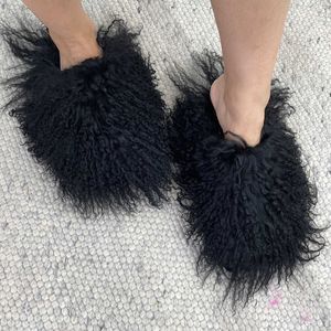 Pantoufles Nouveau Design Fond Plat Fluffy Fuzzy Chaussures Longues En Peau De Mouton Slide Femmes Pantoufles De Fourrure Mongole Dame Mode D'hiver Chaud J2eK #