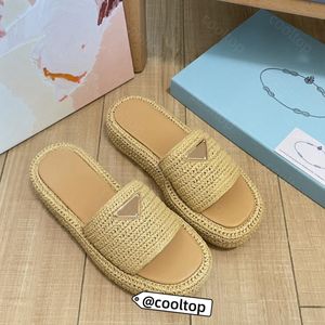 Zapatillas Prad logo triángulo Tejido de paja Zapatilla Plataforma de diseñador Sandalia de rafia Verano Tacón plano Casual mujer hombre playa Zapato Cuñas Punta cuadrada Chanclas caqui blanco