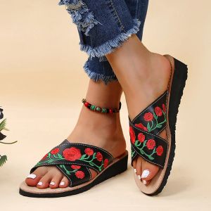 Zapatillas Rimocy Fashion Flower Wedge Slippers for Women 2022 Summer Open Toe Nonslip Beach Zapatos Mujer comodidad Talones bajos