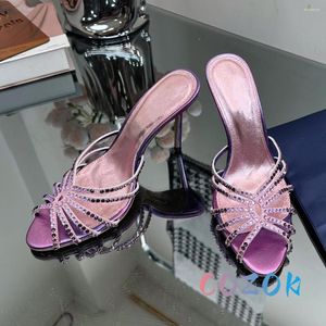 Pantoufles Sexy violet creux avec ceinture en cristal, chaussures à talons hauts en cuir, bout ouvert, robe Stiletto, grande taille, mariage d'été pour femmes