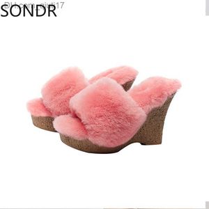 Zapatillas de mujer True Lambswool Fur Platform Wedge High Heels Warm Winter Mule Slider Plush Slider Shoes Grueso 4 colores Z230805