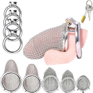 CAJA DE PENIS DE ACERO DE ACERO INOXINO DE SM, jaula de pene de malla con 4 anillos de polla establecido de dispositivos de castidad masculina, bdsm restrictivo del pene de castidad de la jaula de polla, joya de sexo de esclavitud adulta