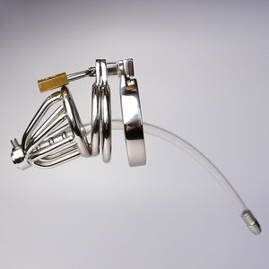 Petit double anneau pénien Dispositif de chasteté masculine Tube en silicone à sondage urétral avec cage de chasteté en acier inoxydable anti-perte de fer barbelé, BDSM
