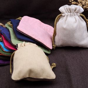 Petites pochettes à bijoux en tissu de lin en gros sacs à cordon de couleur unie 10 pièces/lot