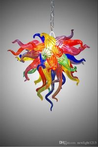 Lámpara de araña de arte floral multicolor de tamaño pequeño, decoración de tienda, fuente de luces LED, 100% vidrio soplado a mano, lámpara de araña de cadena larga