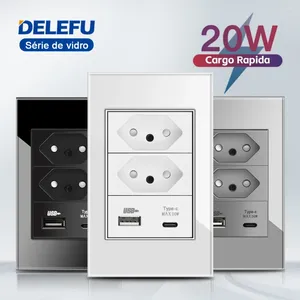 Control de hogar inteligente DELEFU Panel de vidrio templado Carga rápida Tipo C Enchufe USB Blanco Negro Gris 118 72 mm Toma de pared 10A 20A Estándar Brasil