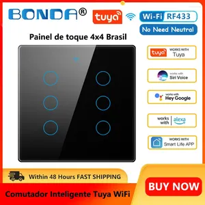 Contrôle de maison intelligente Tuya Wifi commutateur brésil Standard 4 pas de fil neutre capteur tactile 4/6 gangs mur RF433 vie Alexa Google