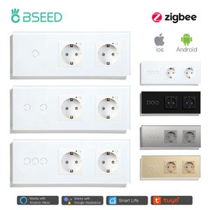 Smart Power Plugs Bseed EU Standard Zigbee Smart Switch 1/2/3 Gang With Double Zigbee Socket Home Alexa Smart Life App Voice Control HKD230727
