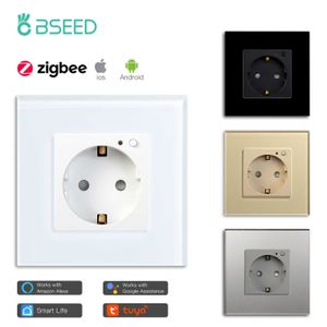 Smart Power Plugs Bseed EU Type Zigbee Smart Socket Double Smart Wall Pranche Crystal Glass Panel With TUYA Home Alexa Smart Life HKD230727