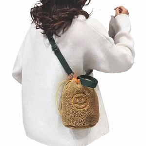 Smile Small Soft Flush Crossbody Bag Mini Girls/Womens Housing Bucket Bag Beige Black G6U4#