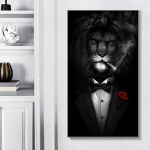 Smoking Lion Wear Suit Print Canvas Paintings Creativity Animal Wall Art Poster and Prints Pasillo Sala Cuadros decorativos